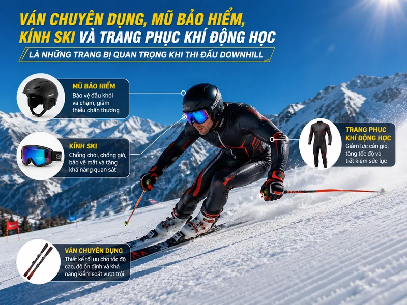 Ván chuyên dụng, mũ bảo hiểm, kính ski và trang phục khí động học là những trang bị quan trọng khi thi đấu downhill